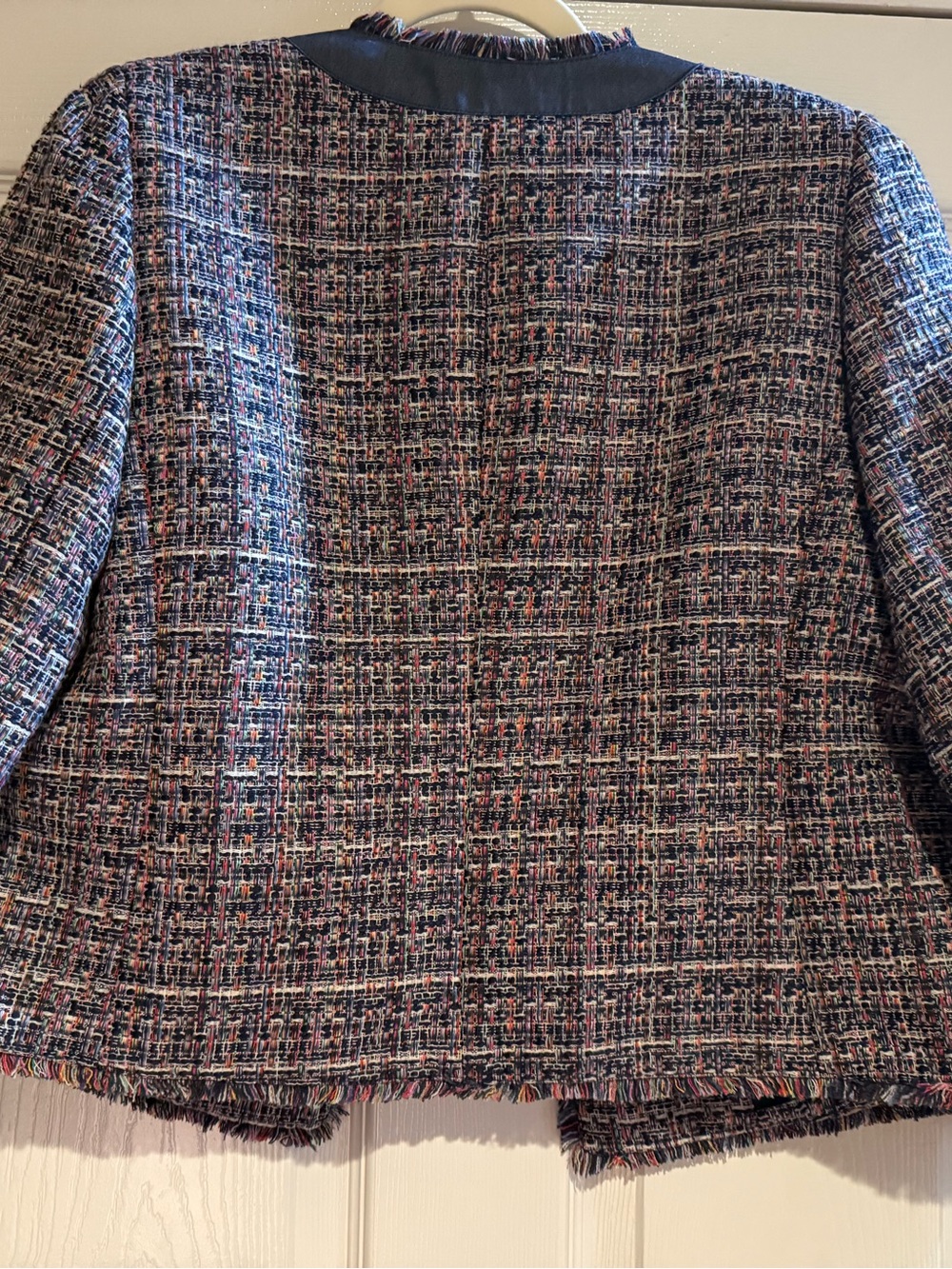 Ann Taylor Multicolor Tweed Fringe Jacket Blazer Navy Trim Size 14 - Picture 3 of 10